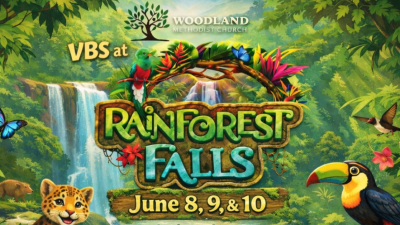 Promotional poster for Woodland Methodist VBS: Rainforest Falls, June 8–10, with tropical animals and waterfall backdrop