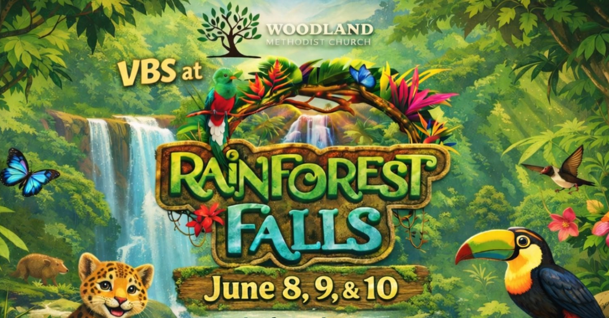 Promotional poster for Woodland Methodist VBS: Rainforest Falls, June 8–10, with tropical animals and waterfall backdrop